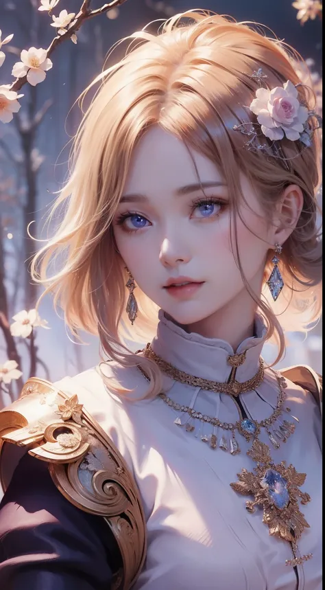 tmasterpiece，Highest high resolution，((themoon))，Dynamic bust of a beautiful aristocratic maiden，elegantly coiled brown chestnut hair，Purple clear eyes，Hair is covered with beautiful and delicate floral craftsmanship, Crystal Jewelry Filigree，Ultra-detaile...