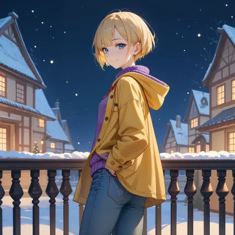 １A woman in her 30s、 very short cut hair 、 Christmas、night、 blue eyes、Rear view、Blonde、closed-mouth smile、( small breasts)、 Slim Body 、 yellow hooded half coat、 loose purple knit sweater、no damage jeans