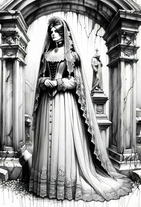 neoclassical, graffiti style, beautiful PENCIL sketch of  a  figure in intricate Victorian mourning attire, complete with lace veils and brooches, standing in an old graveyard with worn-out tombstones.