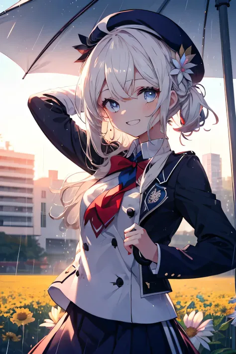 Girl smiling( showing teeth), fondo field, Out-of-town background(field), rain, complete anatomy,  ornament of an accessory shaped like a flower on the head, graphic effects, first person, white beret,  summer school uniform , umbrella(COLORS) He supports ...