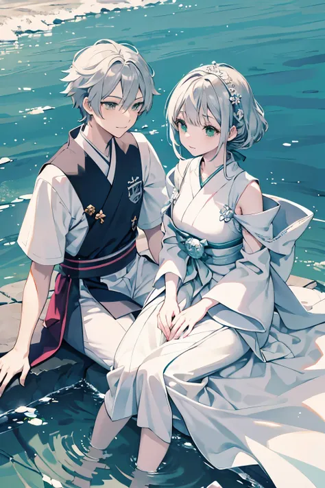 Prince　 perfect face　Sparkling Eyes　Princess　Gray Hair　 dress　 couple 　Chalk Castle　Manga style　 Japanese anime style 　Green Eyes　White clothes　Watch the river flow on the riverbed 