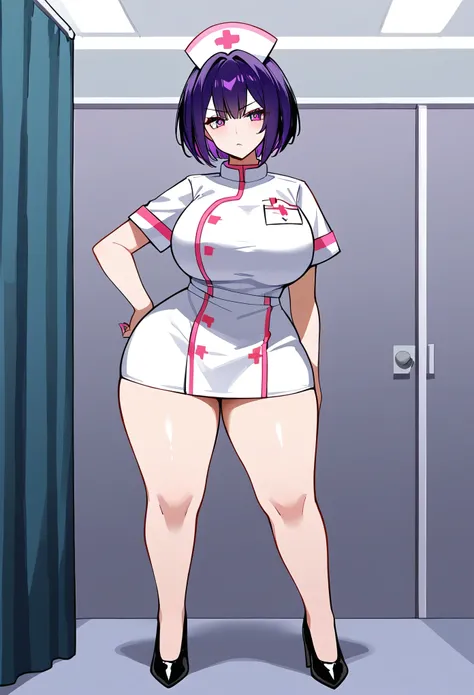 1woman, solo, nurse, dark pink nurse uniform, dark pink nurse cap, purple hair, short hair, long bob hairstyle, round face, sharp outline, short sleeves, huge breasts, very thick thighs, wide hips, very thick legs, thick thighs pressed together, black high...