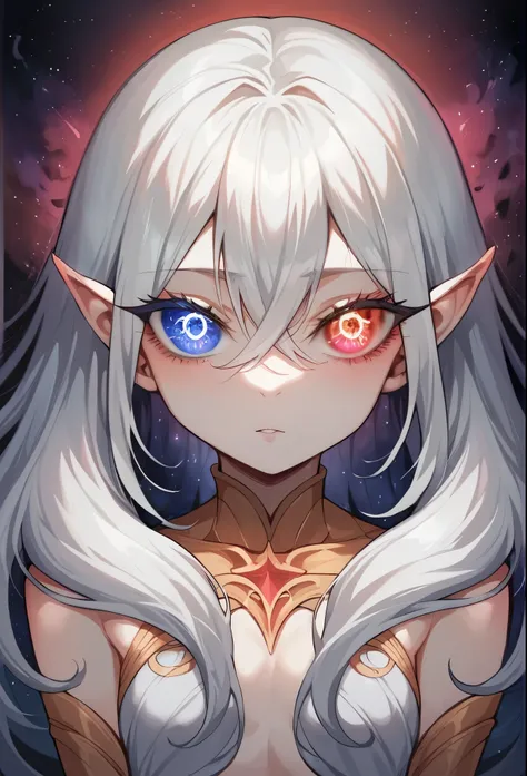 one girl,  long magic hair, cosmic eyes,  detailed eyes ,  long lashes, Heterochromia,  Slim figure , small breasts , Legs out of frame,  close-up, in the frame up to the chest , одета в божественный наряд