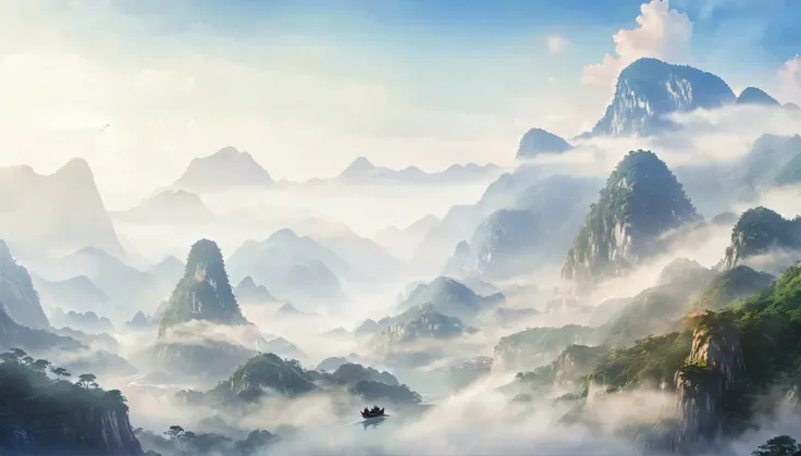 Guilin,Qingshan,高山云雾 mountains with a boat in the middle of them and a sky background, mountainous background, detailed scenery —width 672, misty mountains, mountainscape, background artwork, background art, an epic landscape, high fantasy landscape, anime...