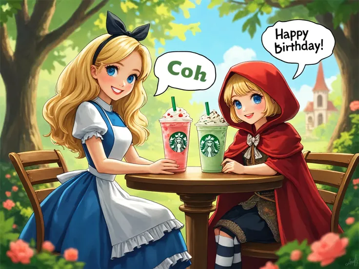 whimsical Starbucks in a fairy tale land, bright light, cheerful atmosphere, Alice with blonde hair, blue eyes, black ribbon, sky-blue dress, black and white striped socks, holding a Strawberry Frappuccino, Little Red Riding Hood with blonde hair, blue eye...