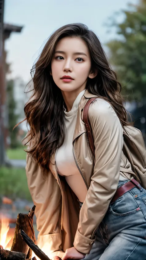 An ultra hot gorgeous japanese woman, age 23. She’s a playmate and men magazine supermodel. Long wavy blond hair, messy wind blown hair, Full body, , (huge bouncing busts, cup J breasts), sitting by a campfire, wearing brown leather coat, dark blue jeans, ...