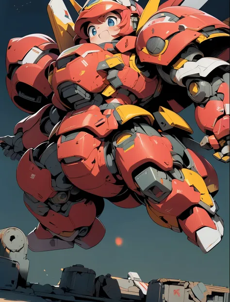 (((1 chibi girl in large red-colored robot costume, from below))), ssmile, (holding weapons), (chibi), (bulky:1.8), (((helmet:1.5))), large cute face, (((looking down:1.5))), mechanical parts, ((mechanical wings)), (full armor:1.8), (mecha armor:1.8), (shoulder guards:1.2),(huger arms), ((mechanical arms:1.5)), (short legs), (huger body:1.8), (heavy equipment:1.6), (from below), blue sky, white clouds, robot joints, becoming a mecha, mecha, (RARS), (HRS), ROBOTANIMESTYLE, BJ_Cute_Mech,cute, girl BREAK ((masterpiece)), vibrant colors, 8k, best quality, ultra detailed illustration, ((best quality)), ((high resolution)), flawless skin textures, shiny oiled skin, extremely detailed anime eyes , extreme light and shadow