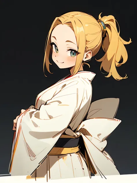 sideview,(looking at viewer),solo,upperbody,black ponytail,big forehead,golden magician robe,smile,model pose,simple color background,(manga style),(sketch),(illustration),.