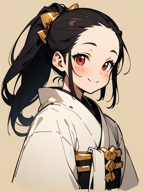 sideview,(looking at viewer),solo,upperbody,black ponytail,big forehead,red eyes,golden magician robe,smile,model pose,simple color background,(manga style),(sketch),(illustration),.