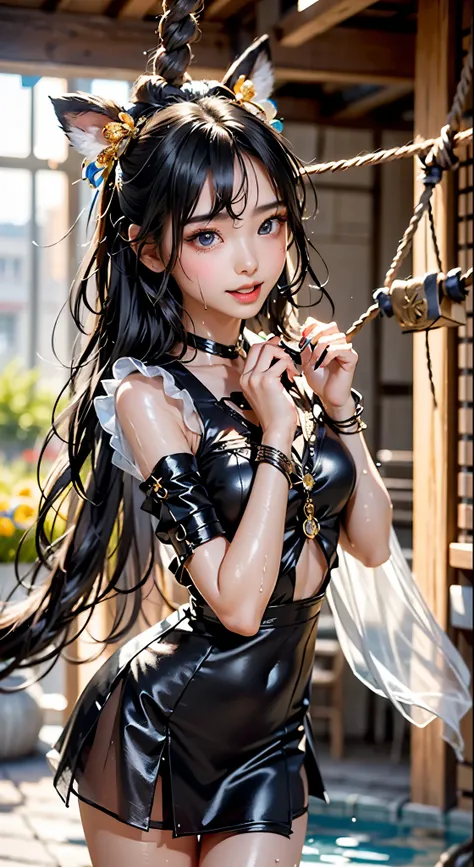 (Black Hair), Fox Ears, Brunette Girl, big Smile, Super beautiful sparkling eyes、Hanging from the ceiling with rough rope around his arms、sweat、The rope bound her body、 wet body、 Legs Hanging from Shackles 、 Lots of Liquid Flowing Out of My Crotch 、One leg...