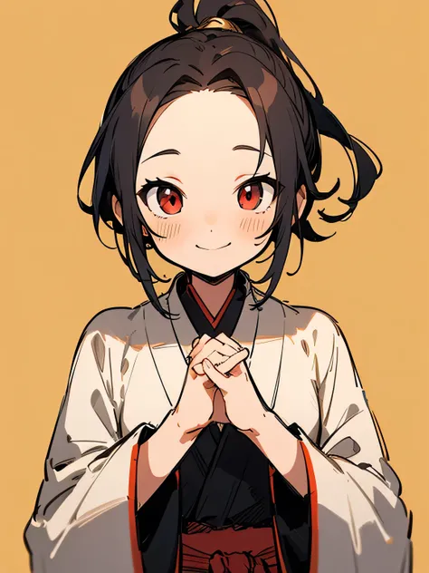 (looking at viewer),solo,upperbody,black ponytail,big forehead,red eyes,beautiful world,golden magician robe,smile,praying model pose,simple color background,(manga style),(sketch),(illustration),.