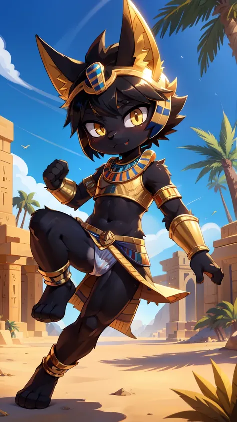 score_9,score_8_up,score_7_up, source_cartoon, source_furry, Anubis, Furry shota, jackal, black hair, short spiky hair, yellow eyes, detailed body fur, ((minuscule Egyptian antique clothes, cute sexy and almost naked, gold crop top armor, midriff, gold hel...