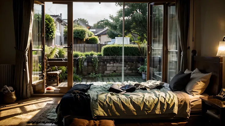 The picture shows a cozy gloomy bedroom, with a large window offering a view of a beautiful, dimly lit garden AND a garden soaked in FLOWERS, the cobblestones of the Japanese house concept. CINEMATIC, JAPANESE HOUSE, the shape of a Japanese house, and lots...