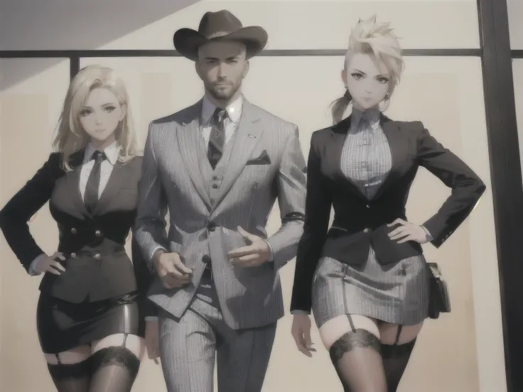 ((best quality, 4k, 8k, highres, masterpiece:1.2, ultra-detailed,Correct Anatomy)),((Woman: mature woman, black eyes, blond hair, Clothing: Gray suit, mini skirt,Garter Stockings)),Wood bass, Country, Rockabilly, Cowgirl,Cowboy hat, (((Male: Businessman, A...