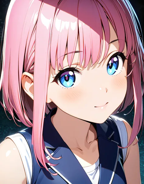 anime girl with pink hair and blue eyes wearing a vest, render of april, sayori, close up iwakura lain, 8k portrait render, render of a cute 3d anime girl, photorealistic anime girl render, smooth anime cg art, close up of a young anime girl, anime visual ...