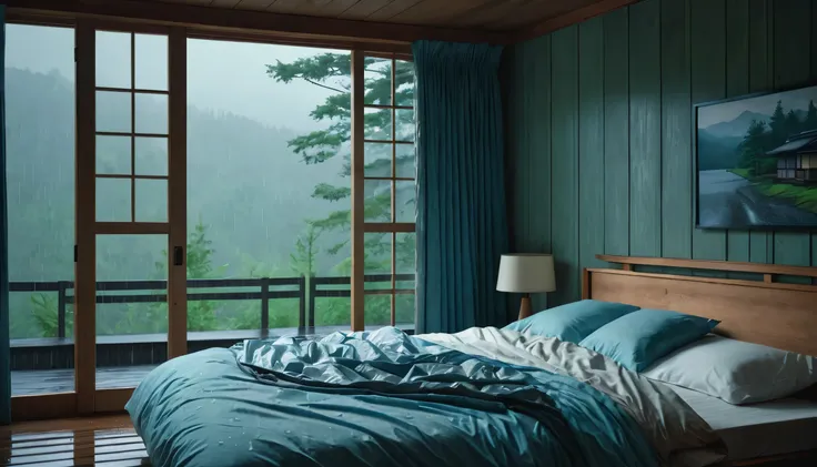 The bed is in the bedroom next to the window., Realistic painting, Inspired by Gregory Crewdson, Rainy nights, Japanese hot springs, Quiet wooden house, High-quality stock images. Take the photo with a 50mm dslr lens, Cool tone color --v 6.0 --ar 16:9 --s ...