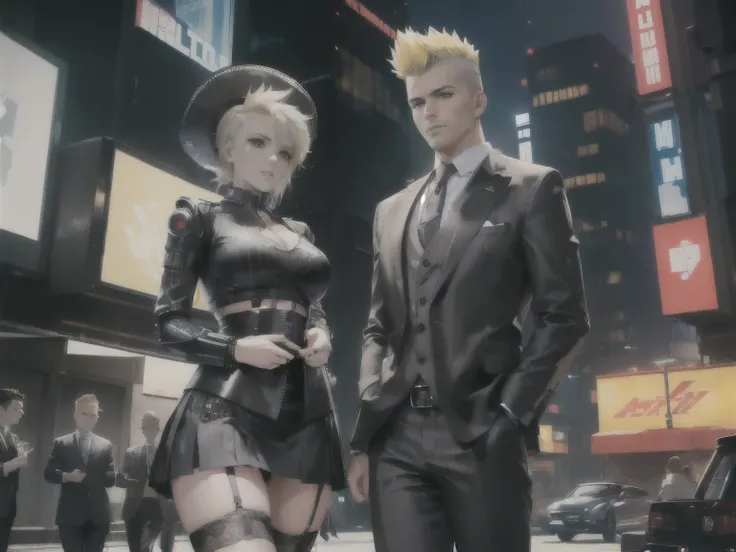 ((best quality, 4k, 8k, highres, masterpiece:1.2, ultra-detailed,Correct Anatomy)),((Woman: mature woman, black eyes, blond hair, Clothing: Gray suit, mini skirt,Garter Stockings)), Rockabilly, Cowgirl,Cowboy hat, (((Male: Businessman, Hairstyle: Mohawk,Cl...