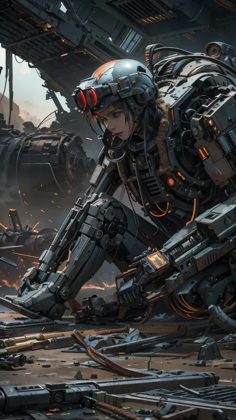 A hyper-realistic portrait, photorealistic photo close-up image of In a desolate battlefield strewn with the wreckage of towering mechs, a solitary pilot emerges from the wreck of her fallen machine, her face streaked with soot and grime. As she limps forw...