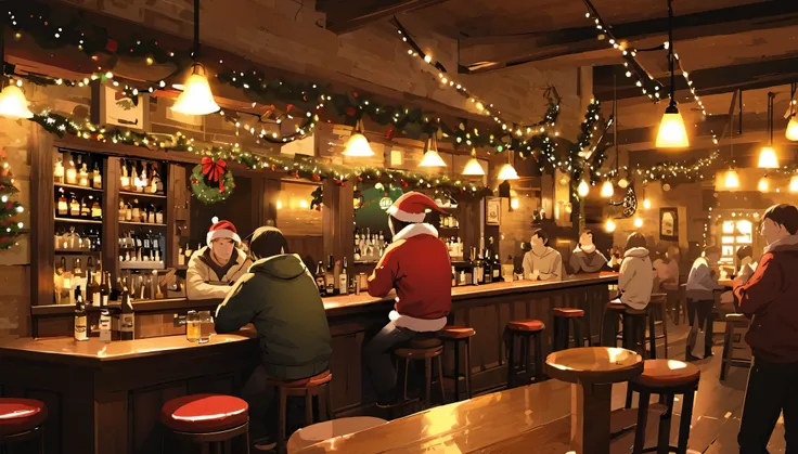 christmas、night、inside a pub、there are several customers