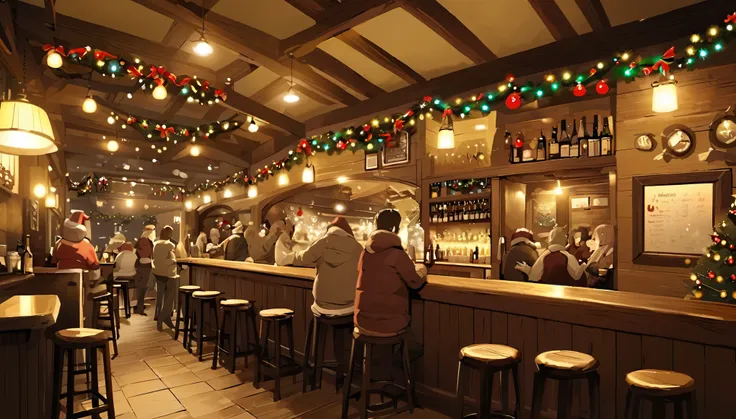 christmas、night、inside a pub、there are several customers