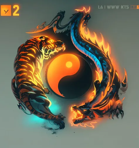 glowy, neon outlines, dark, tiger and dragon