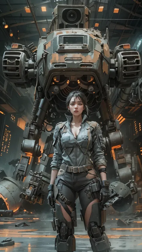 A hyper-realistic portrait, photorealistic photo close-up image of In a desolate battlefield strewn with the wreckage of towering mechs, a solitary pilot emerges from the wreck of her fallen machine, her face streaked with soot and grime. As she limps forw...