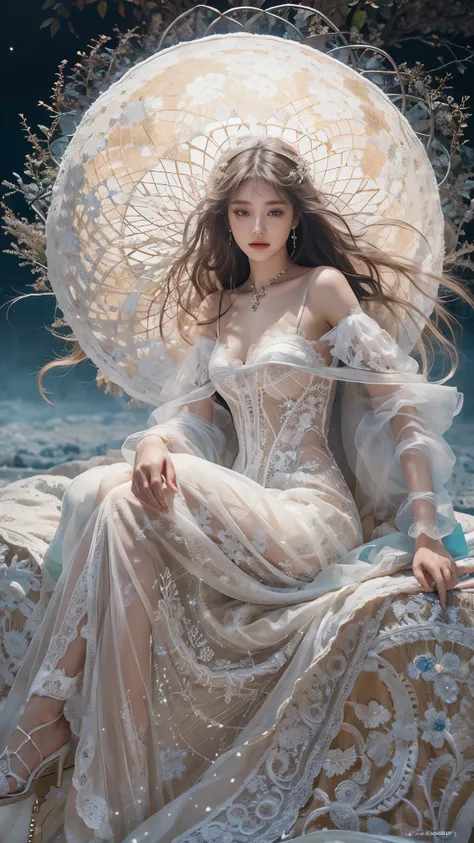 A dreamlike scene unfolds as the camera captures a serene woman seated atop a glowing full moon. Her porcelain skin glows softly under the gentle light, while delicate white lace adorns her flowing gown. The intricate details of the lace seem to shimmer in...