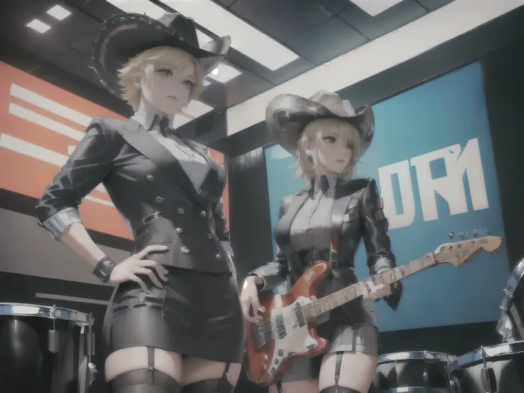 ((best quality, 4k, 8k, highres, masterpiece:1.2, ultra-detailed,Correct Anatomy)),((Woman: mature woman, black eyes, blond hair, Clothing: Gray suit, mini skirt,Garter Stockings,Playing electric guitar)), (((Rockabilly, Cowgirl,Cowboy hat))), (((Male: Bus...