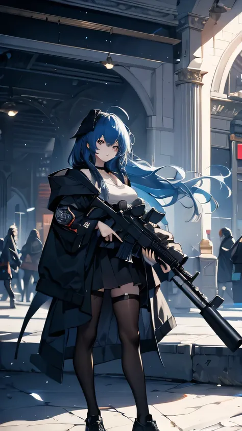 Blue hair perm wearing a black hood on the roof of a building with a pretty girl holding a rifle and shooting in the sky black skirt black hoodie 