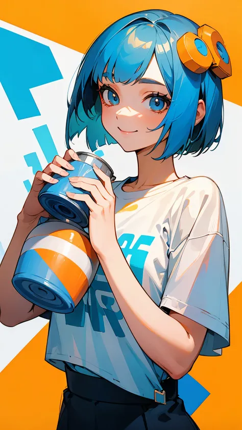 20-year-old women、 Dusty Blue Hair 、 bob cut、Orange hair ornament、The upper body is a white t-shirt 、Holding a cup filled with drinks、smile、delicious、No background、Background white