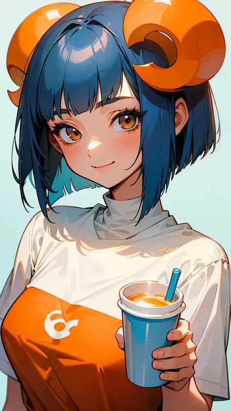 20-year-old women、 Dusty Blue Hair 、Jet Black Brown Eyes 、 bob cut、Orange hair ornament、The upper body is a white t-shirt 、Holding a cup filled with drinks、smile、delicious、No background、Background white