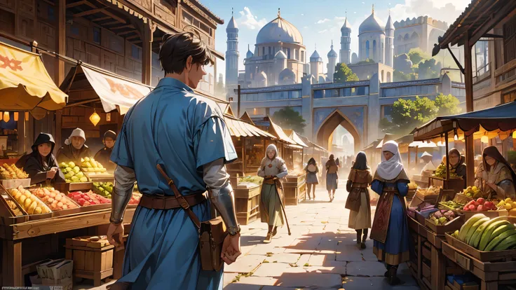 masterpiece,best quality,(Medieval-style fantasy)(lively town market:1.3), magnified textures, stunning clarity,(medieval central asia:1.3),(morning:1.2),silkroad,oasis,(central asia market:1.2),(view of walker in town:1.3)