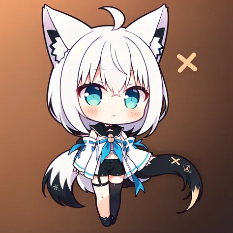 1girl, solo, full body, simple background, white hair, single side braid, ahoge, fox tail, fubuefault, white blouse, [midriff::10], detached sleeves, black short shorts, blue neckerchief, thigh strap, single thighhigh
