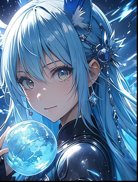 （（（ＳＦＷ、Precision、Highest quality、A first-class masterpiece、Normal body、8k、  Detailed Face 、Ultra-precision、 Normal hand、５refer to、Highest）））、-That Time I Got Reincarnated as a Slime-、Rimuru Tempest、Shiz、Blue and silver hair、 Octagon 