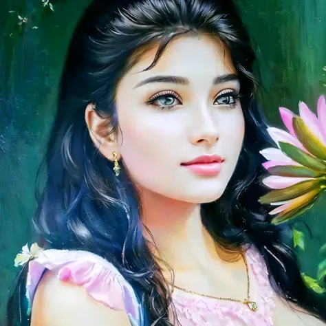 painting of a woman with a flower in her hand, very beautiful girl, painting of beautiful, realistic cute girl painting, very beautiful photo, cute beautiful, digital art picture, beautiful character painting, attractive girl, beutiful face, with lovely lo...