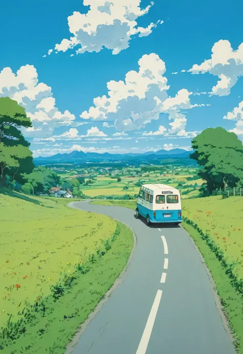 (minimalism:1.4), a minibus on the road, studio ghibli art, miyazaki, pasture with blue sky and white clouds