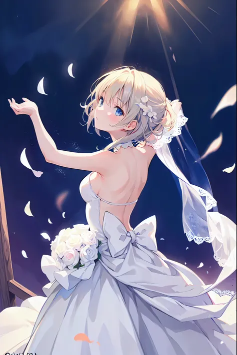 (Best Quality,  high resolution on down, masterpiece:1.2,), shape,  Knight ,  one girl playing pranks, whole body, (wedding dress),  turning arms back , Wait for a kiss,  Browse Viewers,  happy , ,