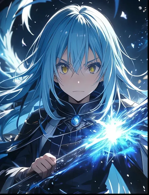 (((SFW、Precision、Highest quality、A first-class masterpiece、Normal body、8k、 Detailed Face 、Ultra-precision、 Normal hand、5refer to、Highest)))、-That Time I Got Reincarnated as a Slime-、Rimuru Tempest、Blue and silver hair、Demon King Supremacy 、Black magic fro...