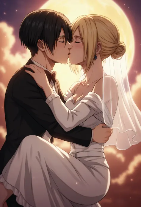 score_9, score_8_up, score_7_up, BREAK source_anime, historia reiss, blue eyes, blonde hair, long hair, medium breasts,Historia  beautiful wedding dress white,female black hair soldier with historia,Mikasa with historia are married ,mikasa wreanig black tu...