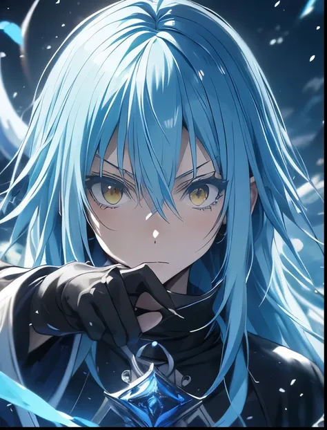 (((SFW、Precision、Highest quality、A first-class masterpiece、Normal body、8k、 Detailed Face 、Ultra-precision、 Normal hand、5refer to、Highest)))、-That Time I Got Reincarnated as a Slime-、Rimuru Tempest、Blue and silver hair、Demon King Supremacy 、Black magic fro...