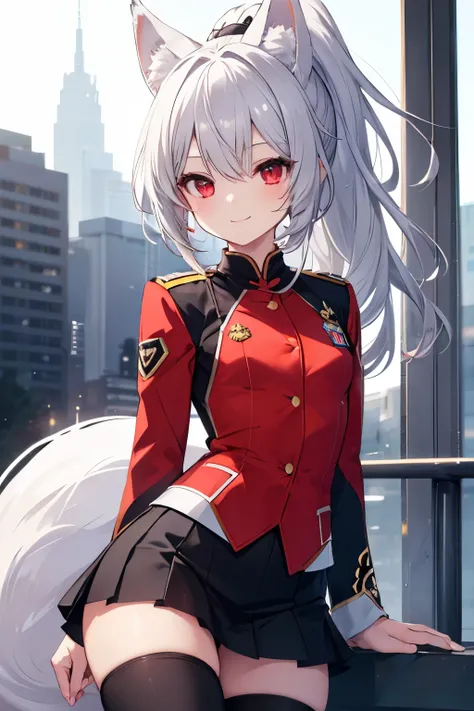  silver hair、 red eyes、 fox ears、 girl、Small breasts、 ponytail、 girl、Small breasts、Bright smile、Good physique 、Flat-chested girl、 hes short、uniform、 black tights、Miniskirt、Absolute territory