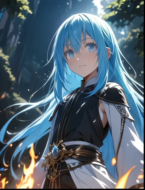 (((SFW、Precision、Highest quality、A first-class masterpiece、Normal body、8k、 Detailed Face 、Ultra-precision、 Normal hand、5refer to、Highest)))、-That Time I Got Reincarnated as a Slime-、Rimuru Tempest、Blue and silver hair、Demon King Supremacy 、Black magic fro...