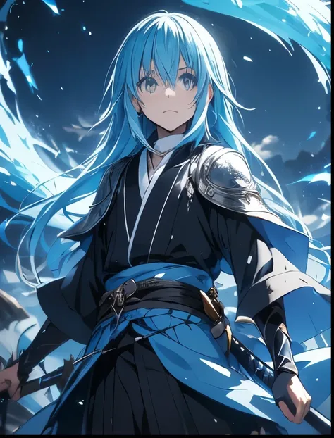 （（（ＳＦＷ、Precision、Highest quality、A first-class masterpiece、Normal body、8k、  Detailed Face 、Ultra-precision、 Normal hand、５refer to、Highest）））、-That Time I Got Reincarnated as a Slime-、Rimuru Tempest、Blue and silver hair、Demon King Supremacy 、Black magic fro...