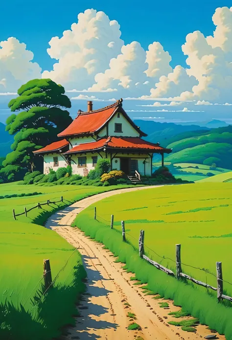 (minimalism:1.4), a tavern on the road, Studio Ghibli art, Miyazaki, pasture with blue sky and white clouds