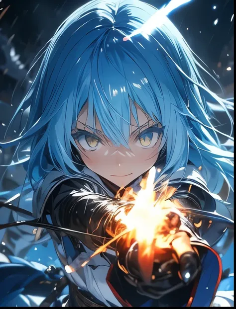 (((SFW、Precision、Highest quality、A first-class masterpiece、Normal body、8k、 Detailed Face 、Ultra-precision、 Normal hand、5refer to、Highest)))、-That Time I Got Reincarnated as a Slime-、Rimuru Tempest、Blue and silver hair、Giving off demon supremacy from his w...