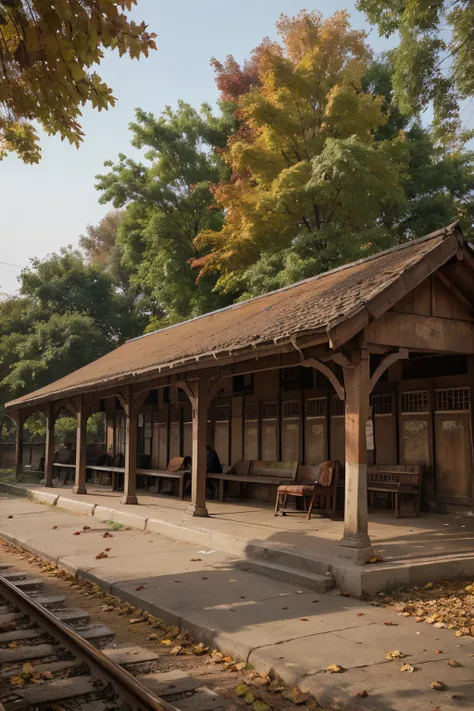 A Fall AUTUMN railway station in Pakistan, an old rusty wooden plaistani style bench  nearby and assthetic yet emoting vibe with AUTUMN leaves and trees falling everywhere 