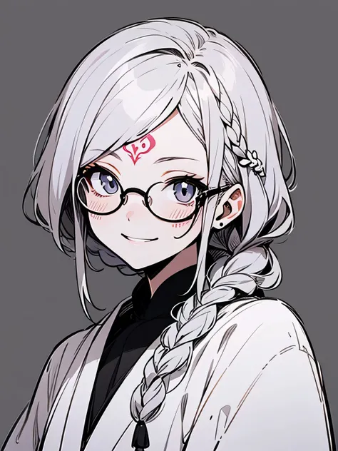 solo,upperbody,white single braid,glasses,( face tatto:1.3),black magician robe,smile,model pose,simple color background,(manga style),(sketch),(illustration),.