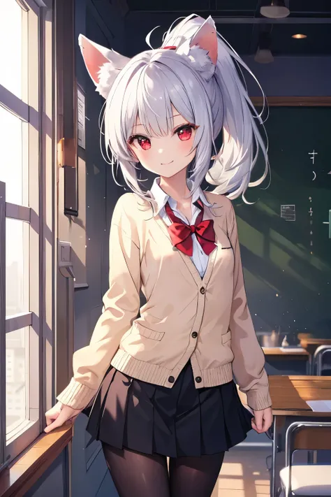  silver hair、 red eyes、 fox ears、 girl、Small breasts、 ponytail、 girl、Small breasts、Bright smile、Good physique 、Flat-chested girl、 hes short、super cute school uniform 、 knitted cardigan、 black tights、Miniskirt、Absolute territory