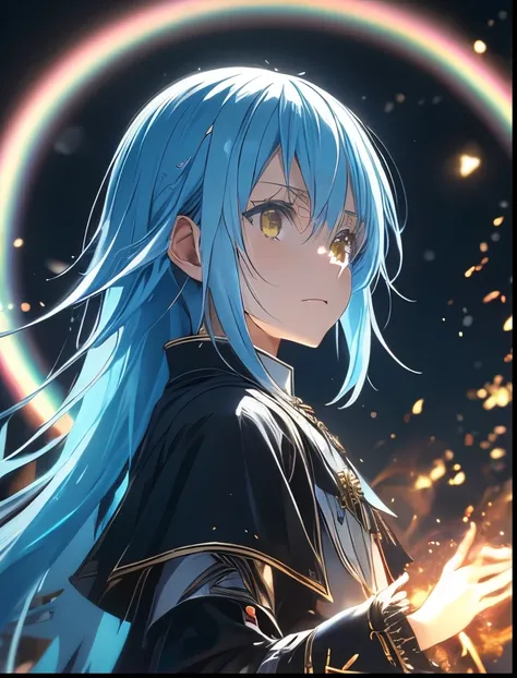 （（（ＳＦＷ、Precision、Highest quality、A first-class masterpiece、Normal body、8k、  Detailed Face 、Ultra-precision、 Normal hand、５refer to、Highest）））、-That Time I Got Reincarnated as a Slime-、Rimuru Tempest、Blue and silver hair、Wears dark, rainbow-colored magical l...