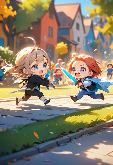 masterpiece, best quality, 8k, highres, ultra-detailed, HDR, UHD, ultra-fine painting, chibi, cute, 2girls, side view, small running scene, toy sword, chasing, crying while running, playful, humorous, dynamic pose, exaggerated expression, colorful backgrou...